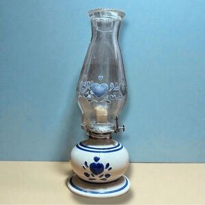 Vintage Lamplight Farms blue and white hurricane oil lamp